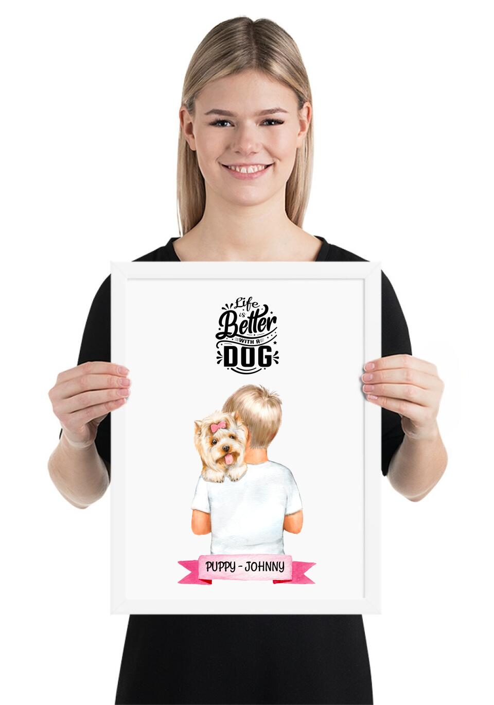 Gerahmtes Poster - Junge/Mädchen mit Hund auf dem Arm - Personalisierbar