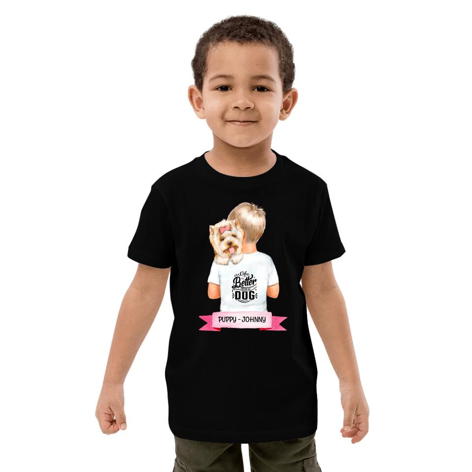 Kinder Bio T-Shirt - Junge/Mädchen mit Hund auf dem Arm - Personalisierbar